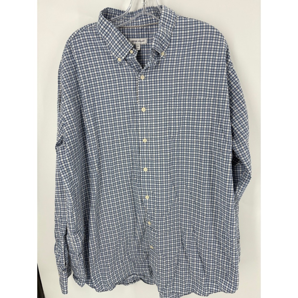 Peter Millar Mens XXL Blue White Plaid Button Down Long Sleeve Casual Shirt